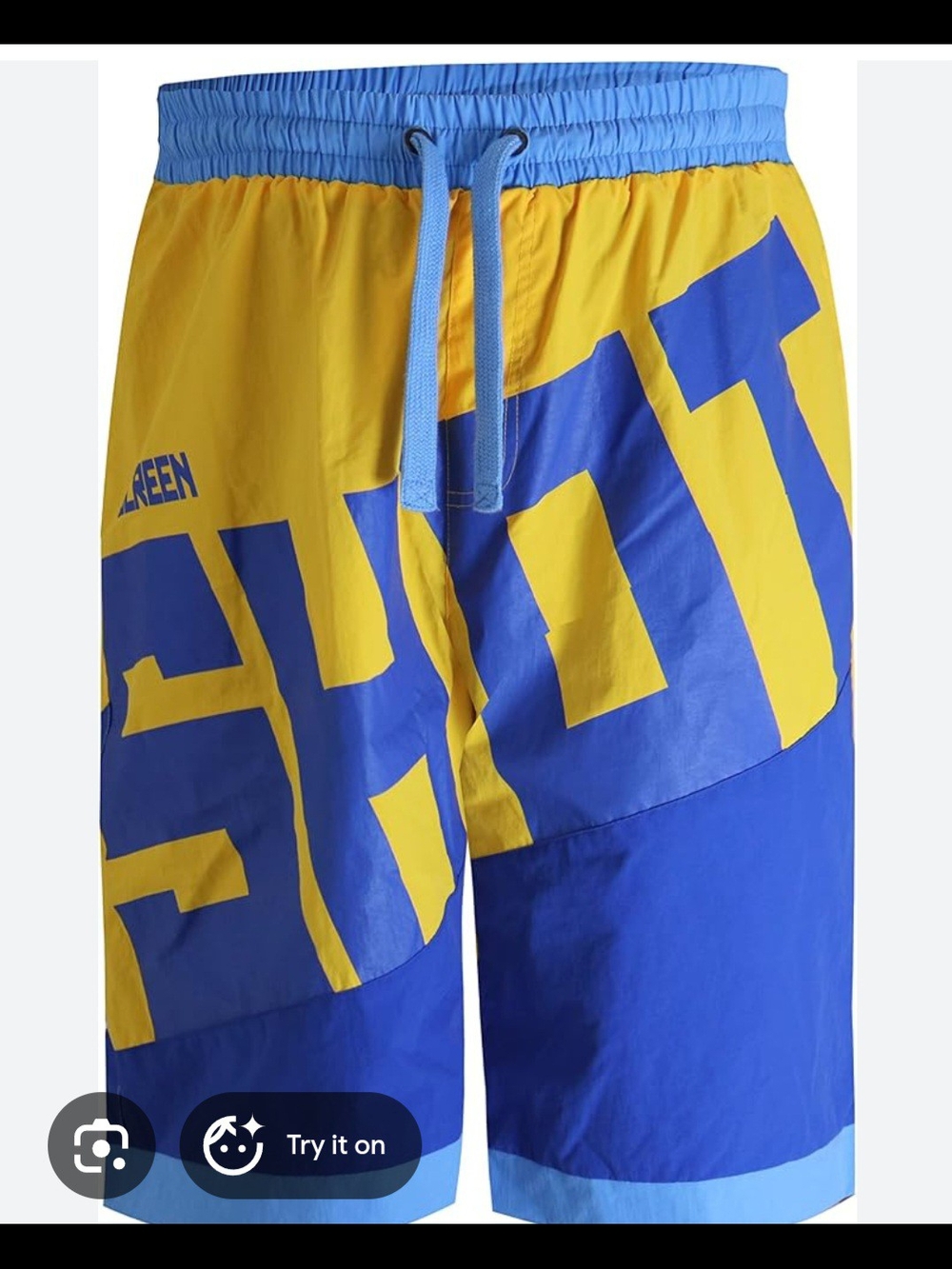 Men's Blue and Yellow Graphic Swim Trunks with Elastic Drawstring Waist /Pockets